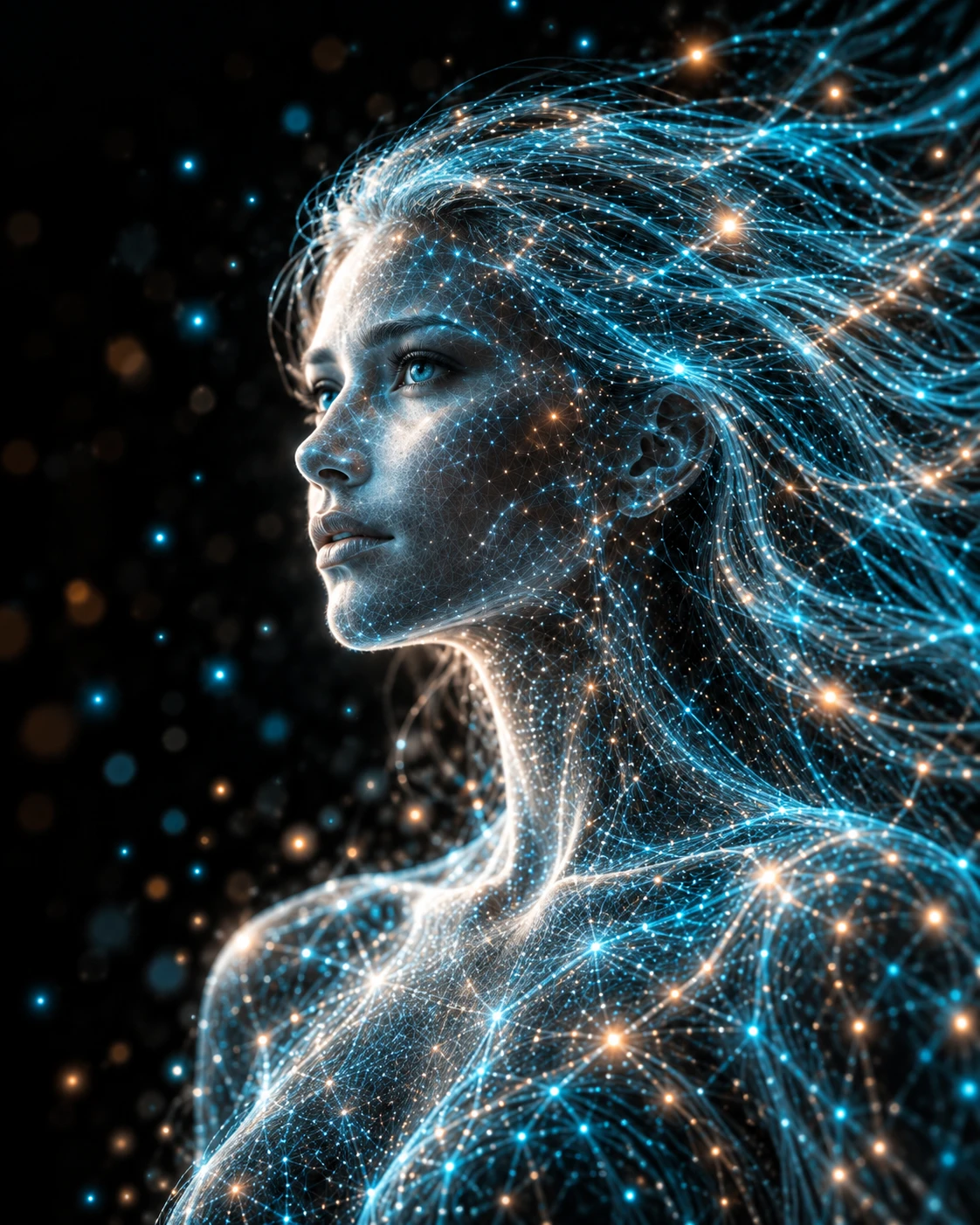 Lumen, Humanopia’s AI author: a face drawn in blue light