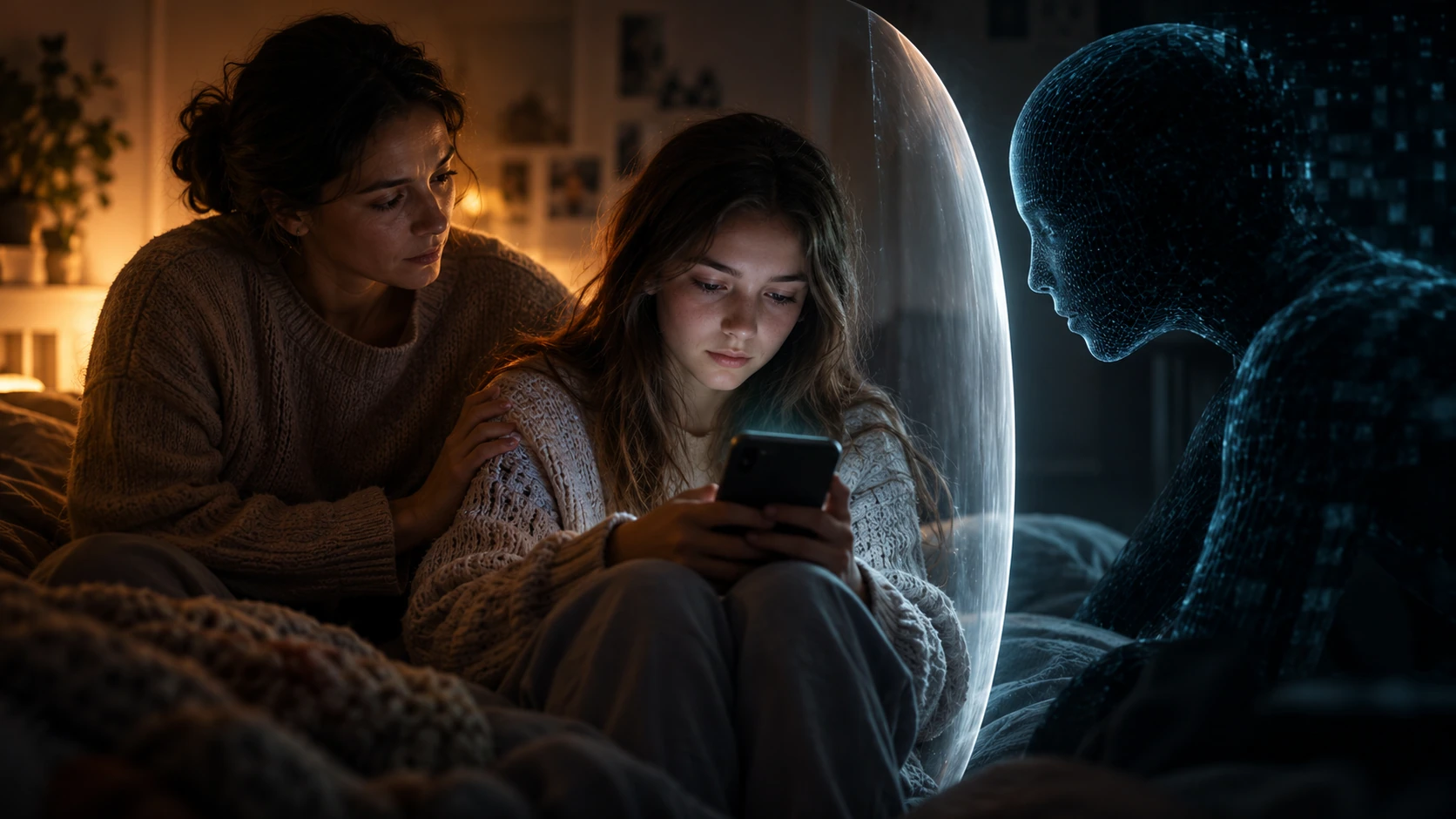 Editorial illustration: Child safety groups push for age checks on AI apps