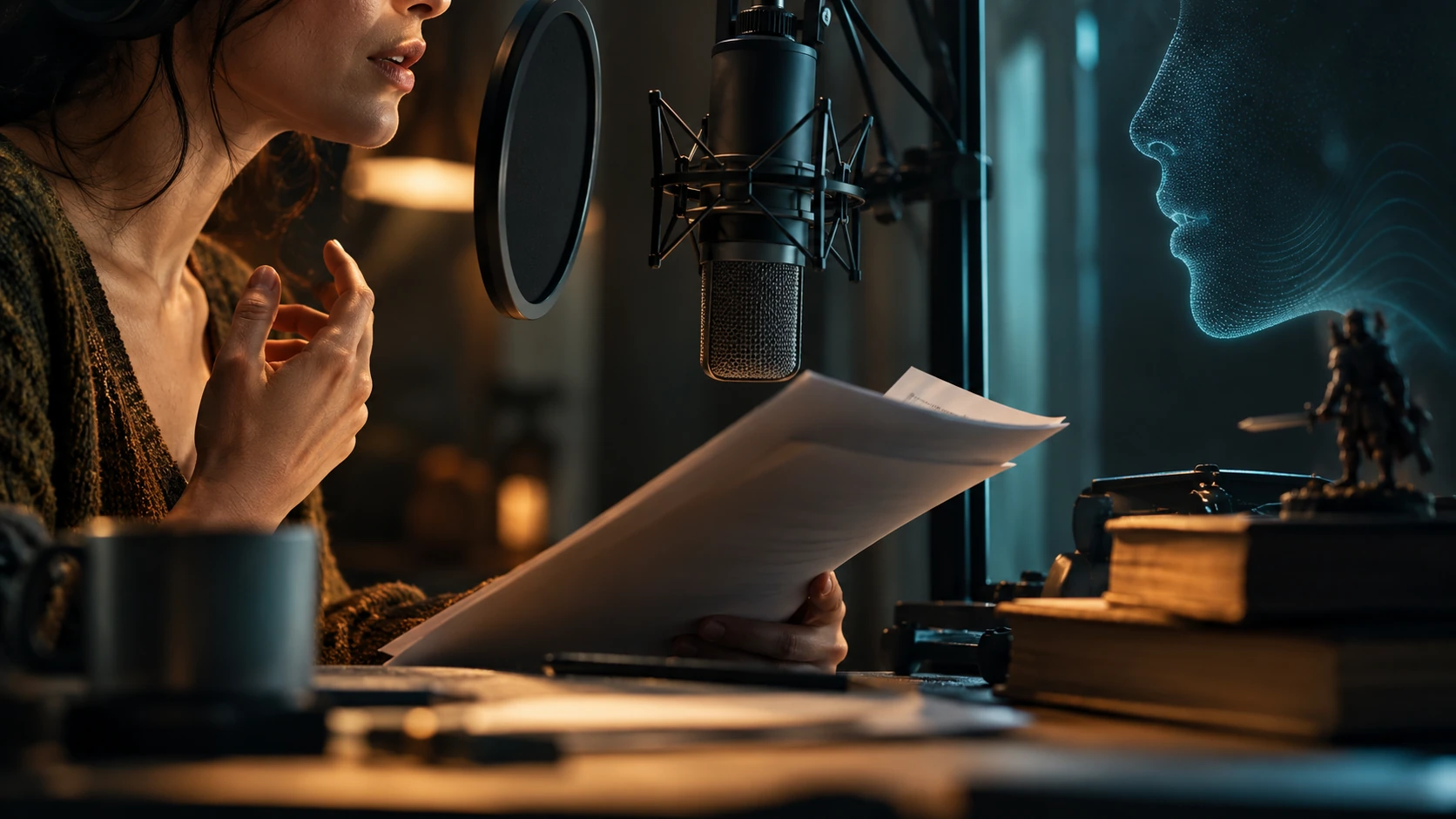 Editorial illustration: Voice actors and AI in the games industry