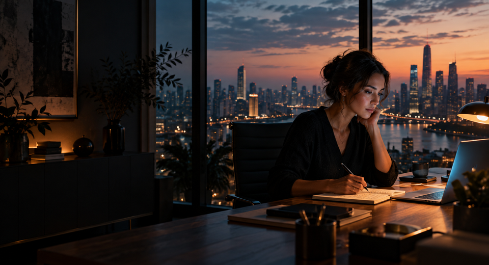A marketer at a desk overlooking a city at dusk